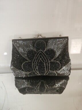 Vintage Kaiho Beaded Black and Silver Evening Clutch - Elegant Floral Motif